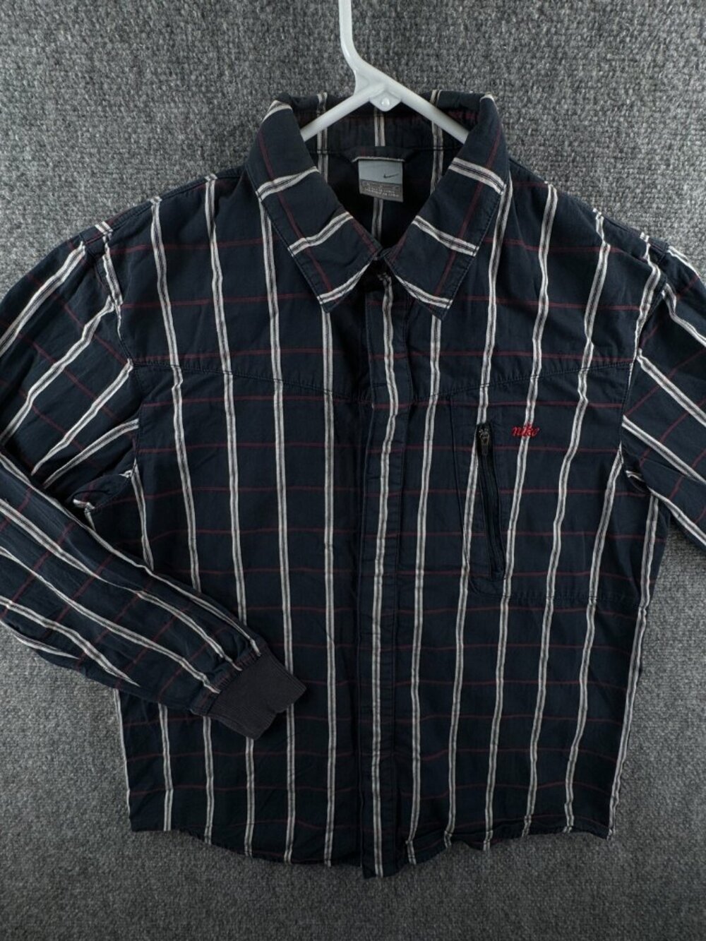 Nike Medium Long Sleeve Button Up Shirt Blue Red Check Zip Pocket Cotton Woven